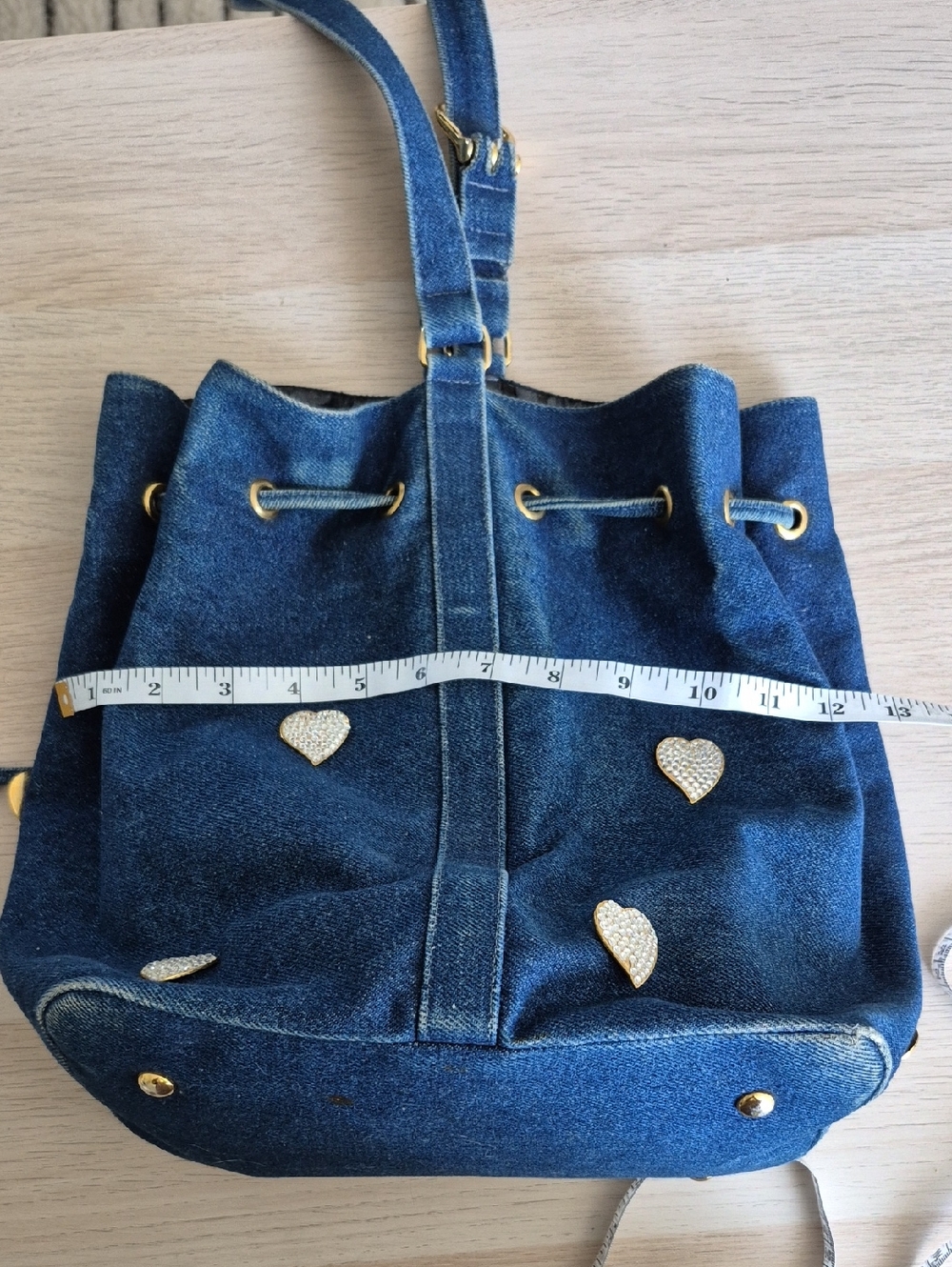Sepcoeur Paris Denim Bucket Drawstring Bucket Bag with Heart Studs - Blue - Picture 14 of 15